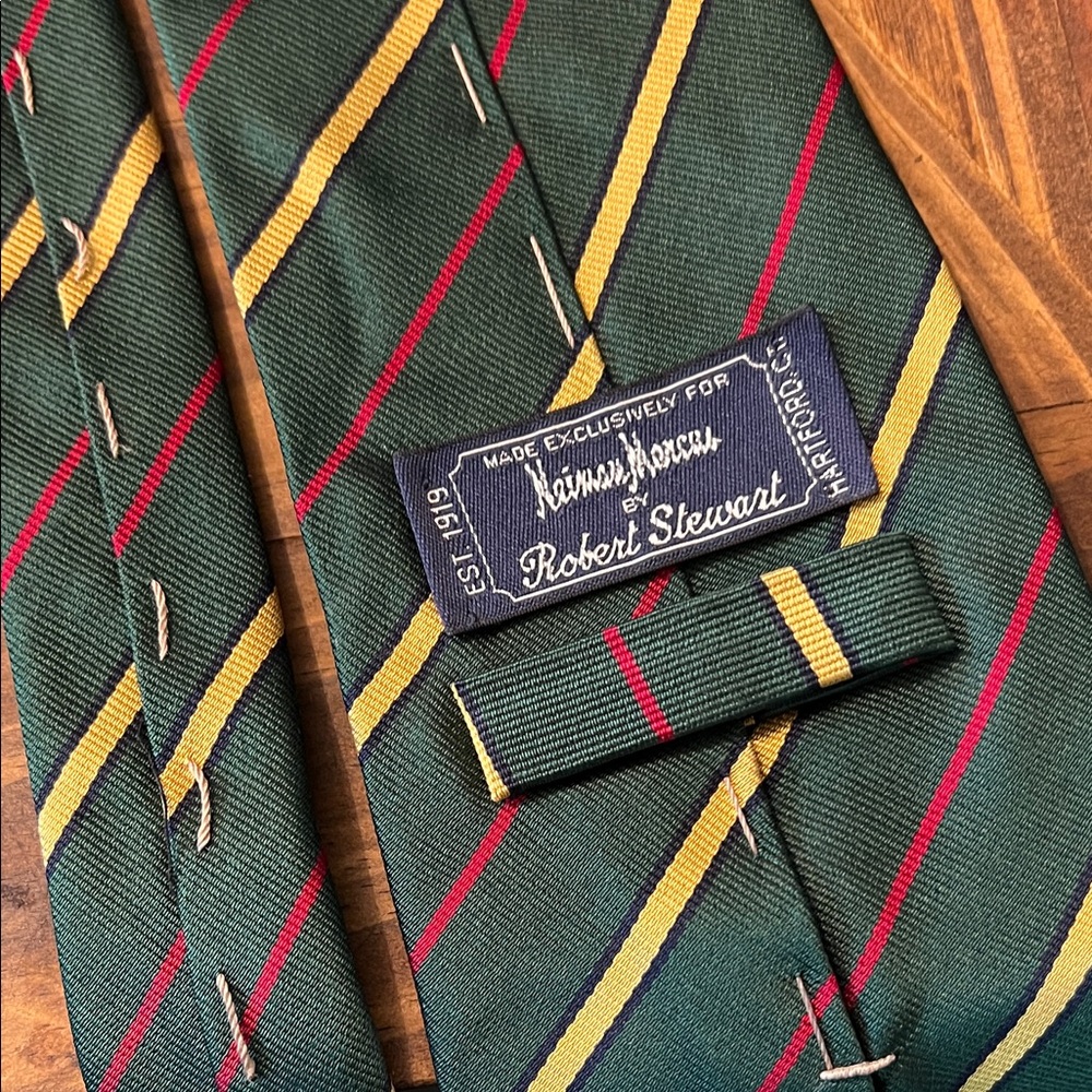 Neiman Marcus Green Silk Tie with Yellow and Red Stripes